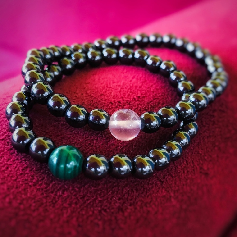 🖤Set of 2 Black Hematite Stretch Bracelets with Accent Beads